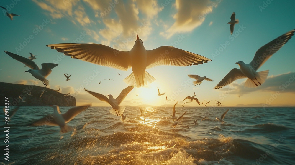 Naklejka premium A flock of seagulls in synchronized flight over a coastal landscape
