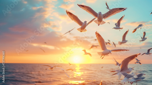 A flock of seagulls in synchronized flight over a coastal landscape © UMAR SALAM