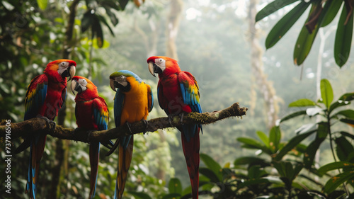 A group of colorful parrots in a rainforest setting © UMAR SALAM