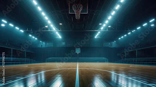 Basketball court at night with lights and shadow on the ground in fog. photo