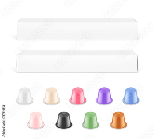 Realistic coffee capsules and box mockup set. Vector illustration on white background. Easy to use for presentation your product, idea, design. EPS10.	