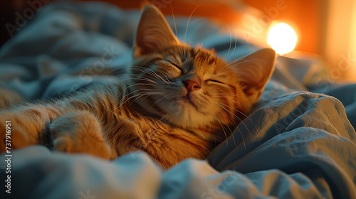 a cat is laying down in bed wearing a shirt, in the style of firmin baes, happycore, candid moments captured, uniformly staged images, light navy and light cyan, animated gifs photo