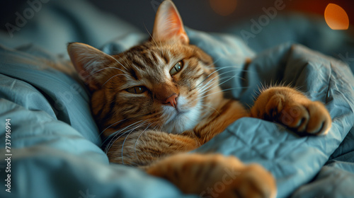 a cat is laying down in bed wearing a shirt, in the style of firmin baes, happycore, candid moments captured, uniformly staged images, light navy and light cyan, animated gifs photo
