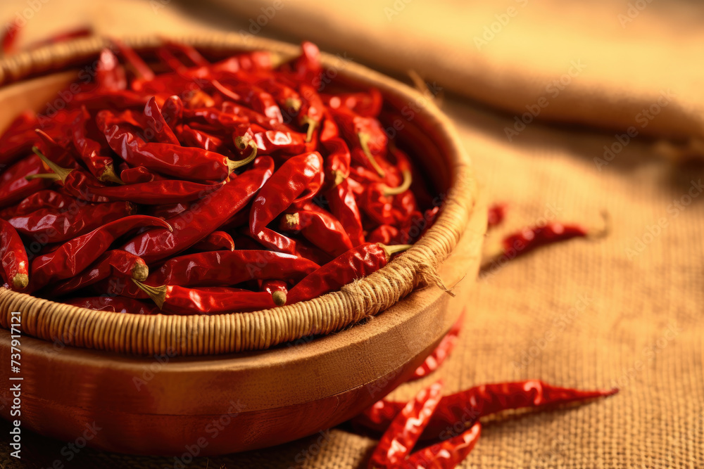 A rustic bowl filled with dried red chili peppers on a burlap background, evoking a warm, spicy essence. A rustic bowl filled with dried red chili peppers on a burlap background, evoking a warm, spicy essence.