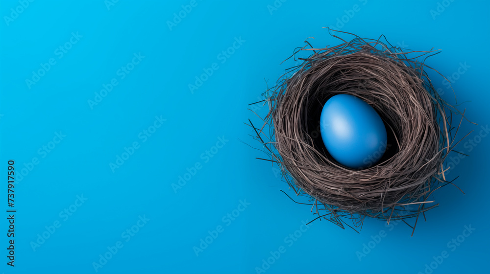Fototapeta premium Blue Easter egg in a nest, top view with copy space, blue background. Happy Easter composition. Easter painted egg. Minimal Easter concept