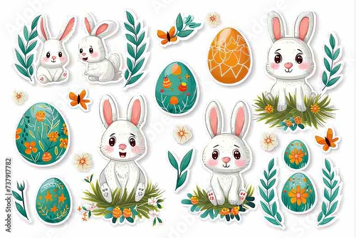 Happy Easter Eggs Basket ornaments. Bunny in text field flower Garden. Cute 3d material properties easter rabbit illustration. Easter Animated Card card wallpaper emerald