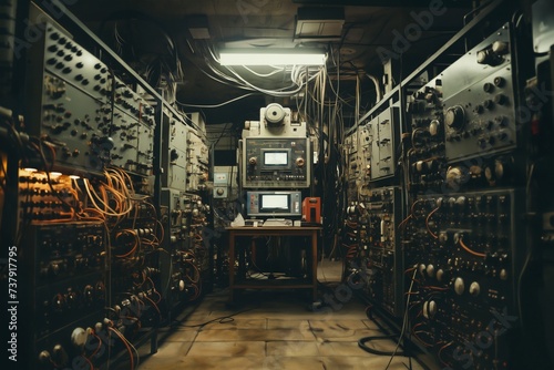 industrial control center, retro equipment in the interior of the plant workshop, manufacturing concept photo
