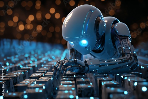 digital computer robot android in a space of holographic elements and lights, abstract background, cyber future, digital art concept photo