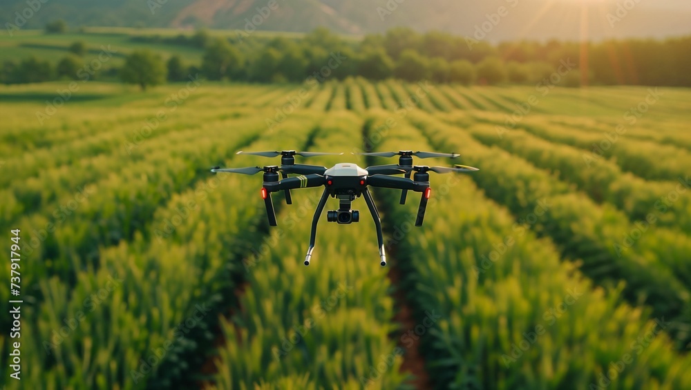 Large drone with camera flying over green field