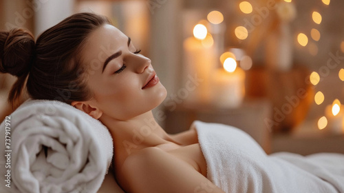 Beautiful young woman with closed eyes lying on massage table in spa salon