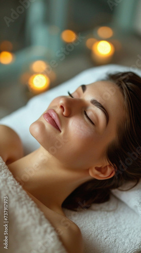 Beautiful young woman lying on massage table in spa salon, closeup