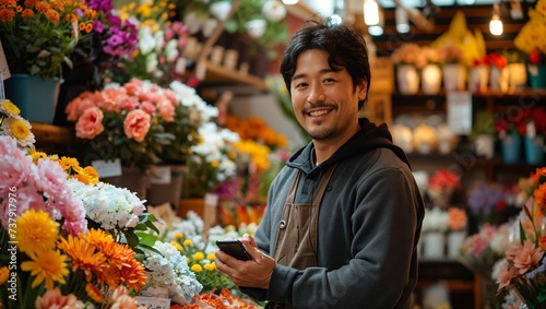 Male flower shop owner using smartphone to sell online in flower shop