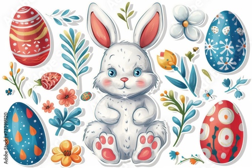 Happy Easter Eggs Basket Clipart Render Setting. Bunny in Jade Green flower Garden. Cute 3d cheery easter rabbit illustration. Easter rosebud pink card wallpaper game development