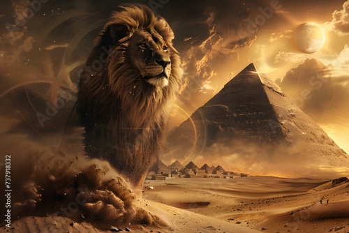 The Majestic Symbolism of the Christian Lion: Spiritual Strength and Royal Authority in the Desert. Concept Majestic Lion Symbolism, Christian Symbolism, Spiritual Strength, Royal Authority photo