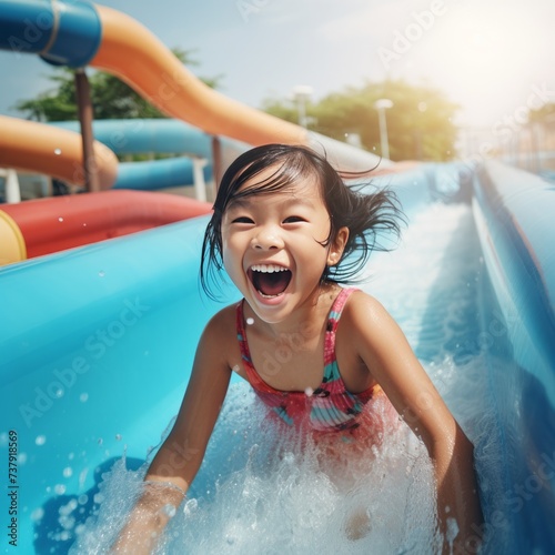 asian child girl having fun laughing slides down on blue water slide in aquapark, summer holiday and vacations.