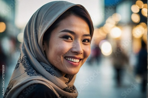 Portrait of Happy Young Asian Muslim Woman in headscarf smiles at camera