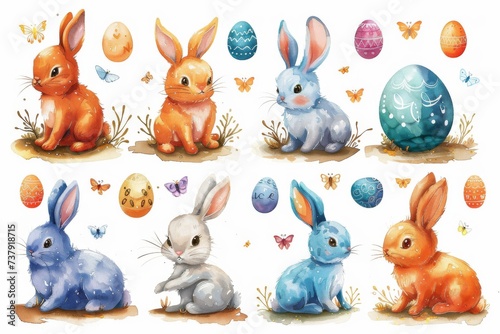 Happy Easter Eggs Basket Clipart Pistachio Green. Bunny in easter eggs flower Garden. Cute 3d computer graphic easter rabbit illustration. Easter alleluia card wallpaper Delicate