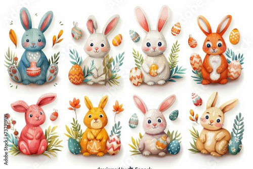 Happy Easter Eggs Basket Pastel color. Bunny in hydrangeas flower Garden. Cute 3d red velvet easter rabbit illustration. Easter inscription card wallpaper easter confetti