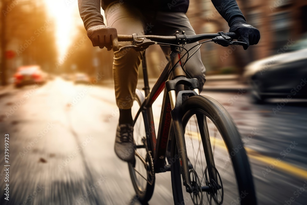 person riding a bike in the city - Side view of a man riding a bicycle, helmet, Dynamic Cyclists in Action. A cyclist navigates through a city street, showcasing an eco-friendly and active lifestyle