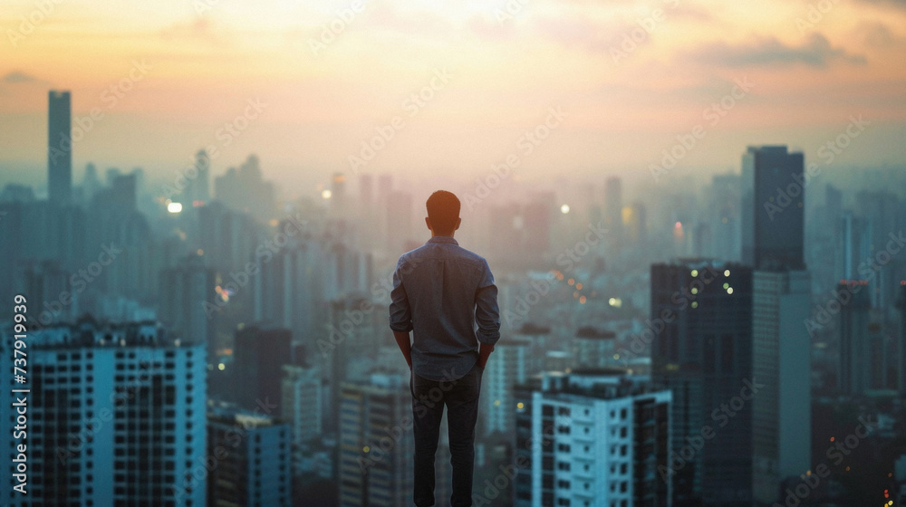 Businessman looking at the city at sunset. Business and success concept . Businessman looking at the city at sunset. Business and success concept .