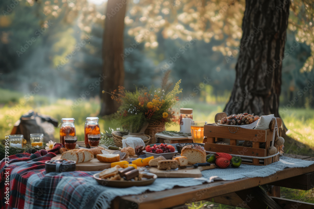 A rustic picnic setup depicting the charming outdoor location and the delectable assortment of food and drinks with a focus on nature and relaxation. A rustic picnic setup depicting the charming outdoor location and the delectable assortment of food and drinks with a focus on nature and relaxation.