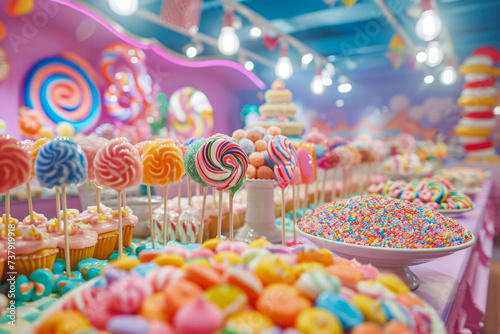 A whimsical confectionery showcase with an assortment of candies and sweet treats arranged in a playful, child-friendly manner against a colorful back