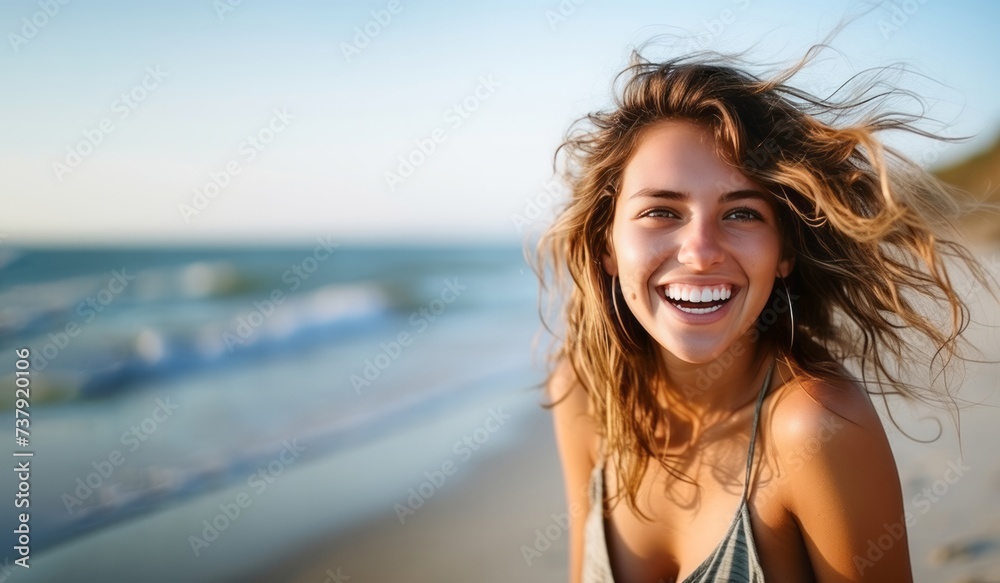 Wide banner showing a smiling beautiful young woman at the beach