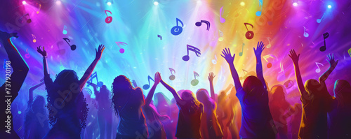 A diverse group of individuals with outstretched arms reaching for whimsical musical notes, embedded in an energetic dance environment illuminated by