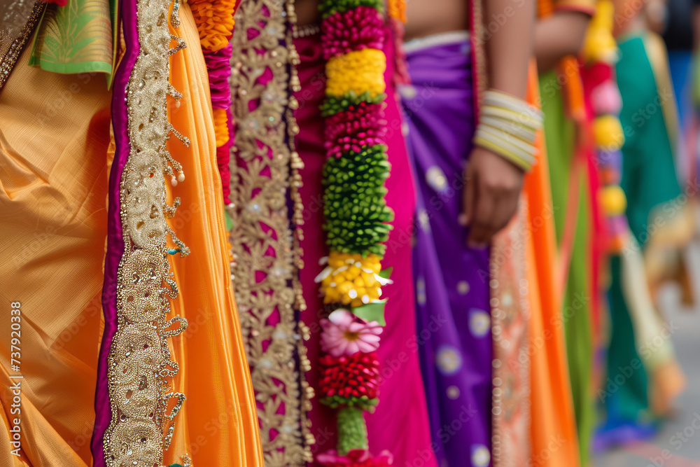 The vibrant colors of traditional Indian clothing worn by participants during the Thaipusam festival, emphasizing the intricate details and textures.