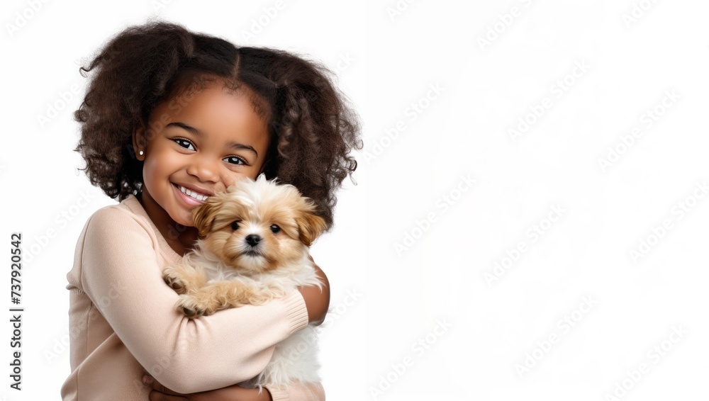 African child girl holding a puppy on her arms isolated over white background. African child girl holding a puppy on her arms isolated over white background.