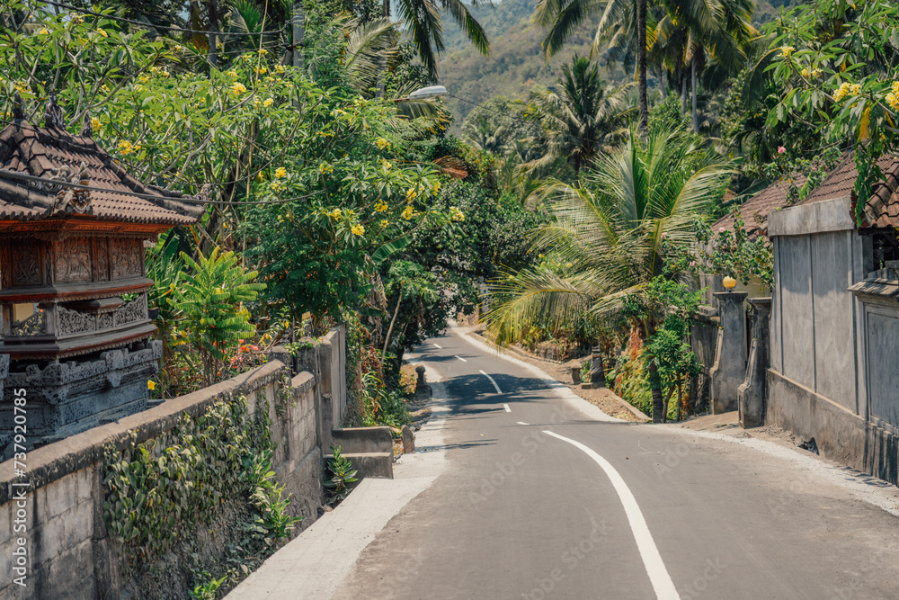 Balinese Main Street with Home Temple and Rural Buildings and Palm Trees in Ubud, Bali, Indonesia Balinese Main Street with Home Temple and Rural Buildings and Palm Trees in Ubud, Bali, Indonesia