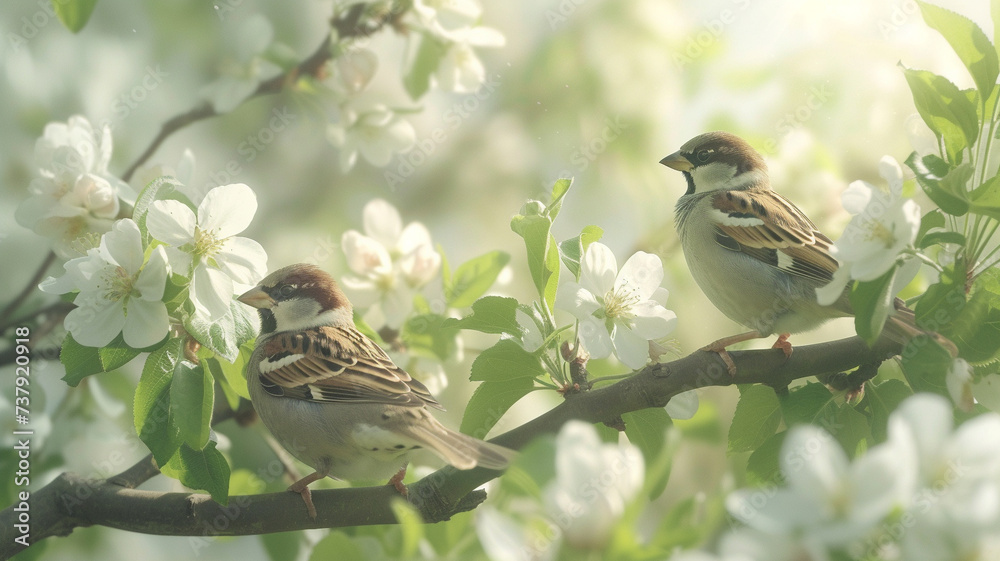 A panoramic view capturing sparrows resting on a tree branch near an apple tree adorned with white flowers in a tranquil spring garden A panoramic view capturing sparrows resting on a tree branch near an apple tree adorned with white flowers in a tranquil spring garden