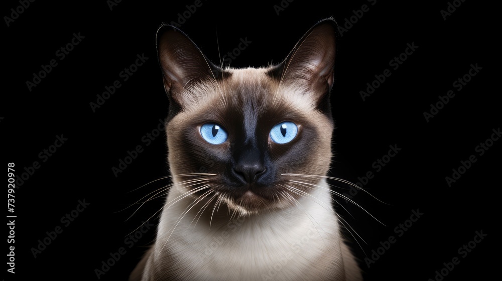 Siamese cat on a dark background, copy space - generative ai