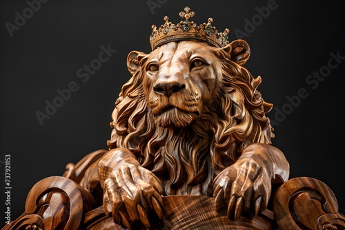 King of the Jungle flaunts majestic crown while seated on elegant wooden throne. Concept Jungle Royalty  Majestic Crown  Wooden Throne  Regal Pose  King of the Jungle