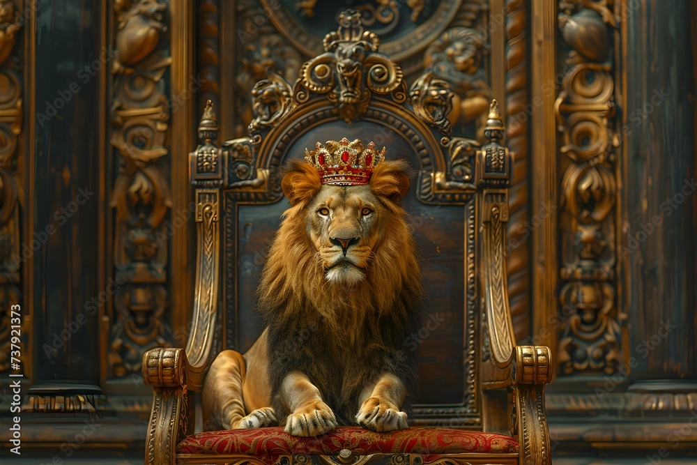 Regal Lion on Polished Wood Throne, Wearing Crown. Concept Regal Lion Portrait, Lion on Wood Throne, Crowned Lion Photoshoot, Majestic Lion Pose, Lion King on Throne