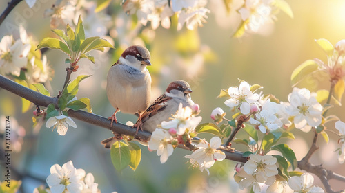 A panoramic view of sparrow birds resting on a tree branch near an apple tree adorned with delicate white blossoms in a tranquil spring garden