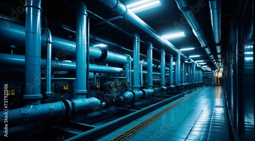 a large room with pipes and valves