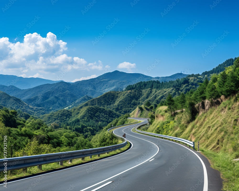 a road with trees and mountains in the background