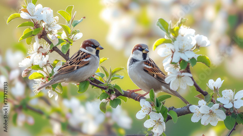 A panoramic view of sparrow birds resting on a tree branch amidst an apple tree blooming with white flowers in a picturesque spring garden