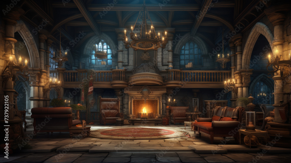 Obraz premium adventurer guild lobby on the night scene medieval style