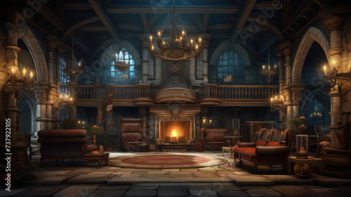 adventurer guild lobby on the night scene medieval style photo