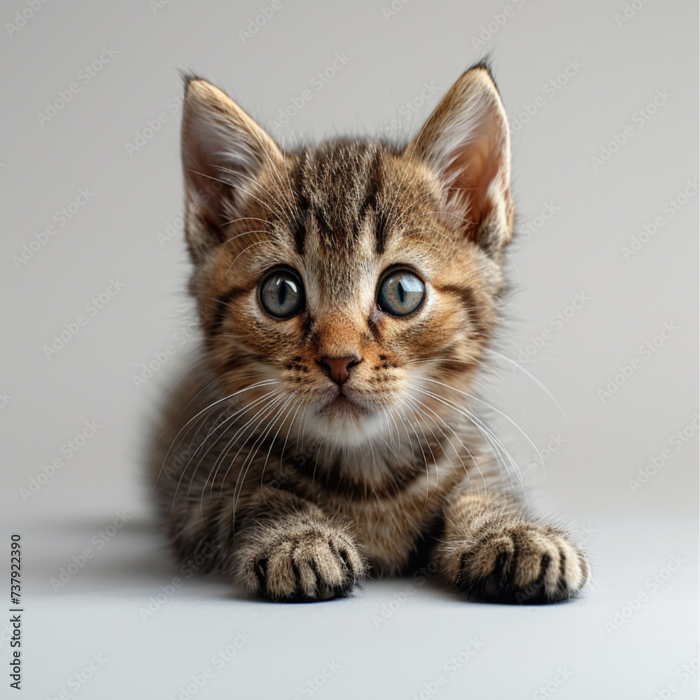 face photo of baby cat facing towards the camera with smiling eyes on a white background, light is coming from the side to show 3 demsional shapof the face. face photo of baby cat facing towards the camera with smiling eyes on a white background, light is coming from the side to show 3 demsional shapof the face.