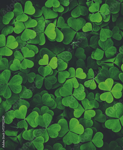 Background with green clover leaves for Saint Patrick's day. Background with a shamrock. Vintage film aesthetic.