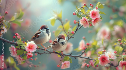 A panoramic view of sparrow birds perched on a tree branch adorned with colorful flowers in a lush spring garden