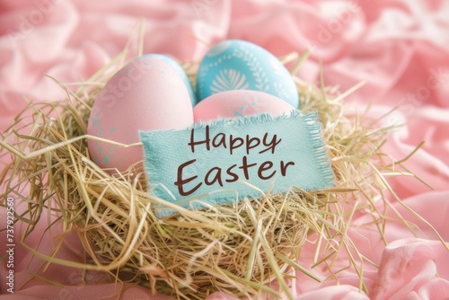Happy Easter Eggs Basket technicolor. Bunny in Text field flower Garden. Cute 3d handwritten note easter rabbit illustration. Easter aesthetic card wallpaper easter spirit