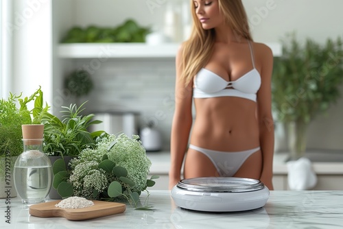 Healthy food concept. The fit woman resorts to trickery by placing objects on the scales to lower their actual weight and deceive themselves