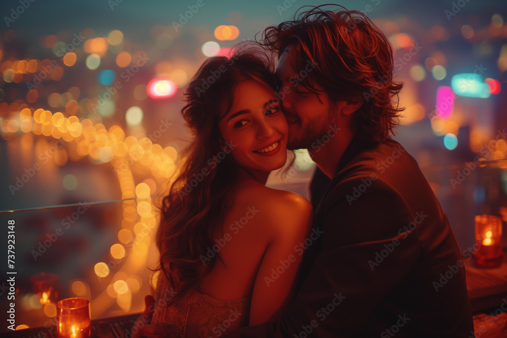 A Young Couple Sharing A Moment at A Rooftop Bar with A Panoramic City View