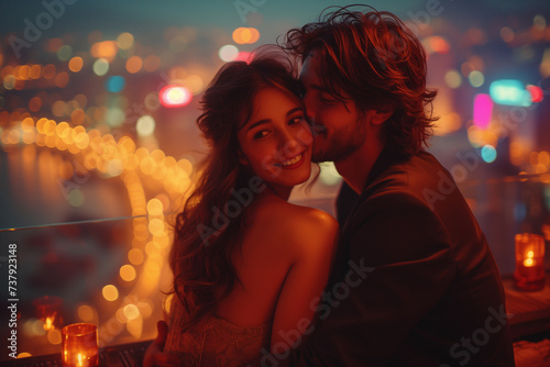 A Young Couple Sharing A Moment at A Rooftop Bar with A Panoramic City View