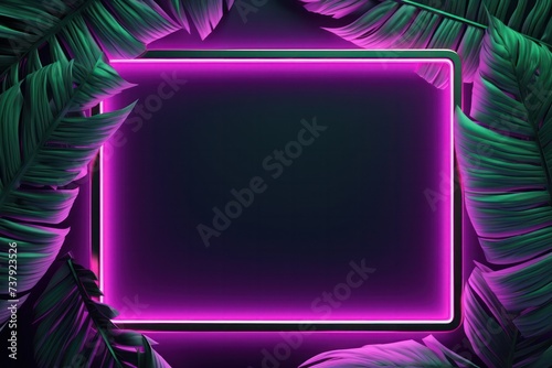 green purple color rectangular square neon frame podium with tropical palm tree leaves on black, background template