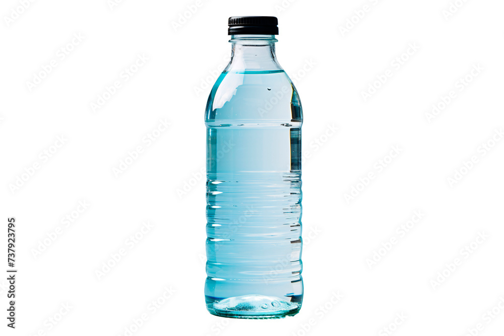a bottle of water with a black cap a bottle of water with a black cap